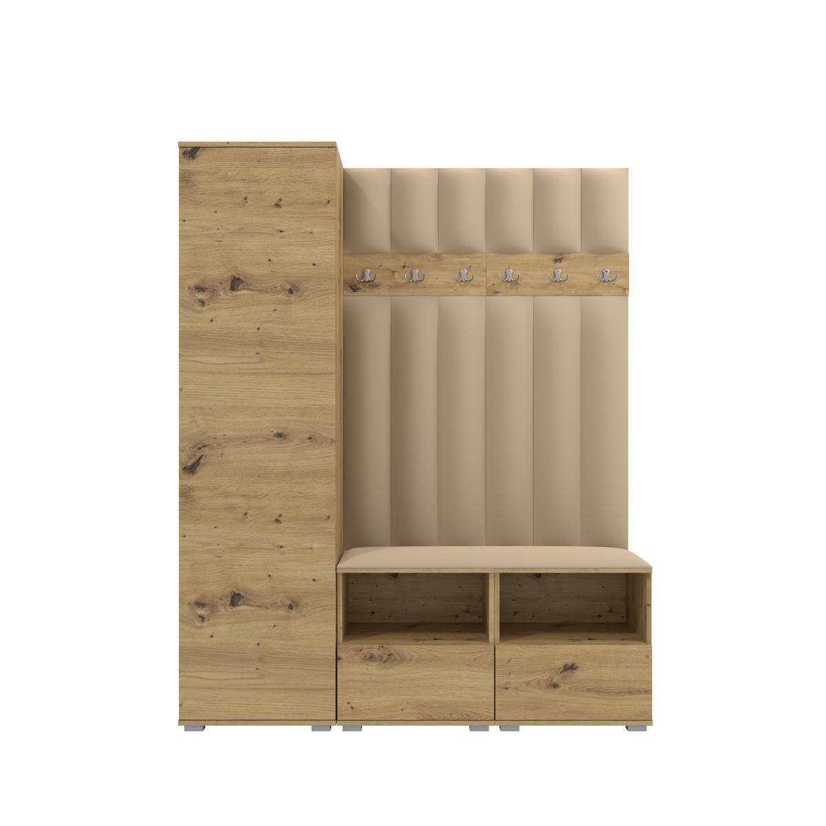 GEPOLSTERT Garderoben-Set Nela II LUX (Farbe Eiche Artisan + Stoff Trinity 04) - Beige/Silberfarben, Holz/Holzwerkstoff (150/187/40cm) - Ravio