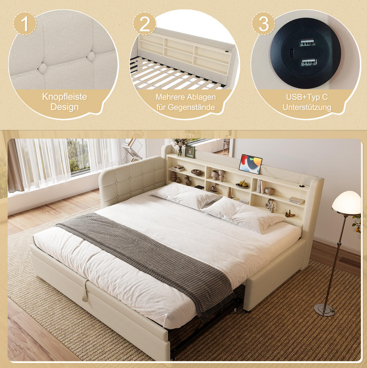 BETT 90/200 cm mit Ausziehbett, Kopfteil und USB/Typ-C – inkl. Lattenrost, Beige - Beige, Textil (90/200cm) - BEAOK