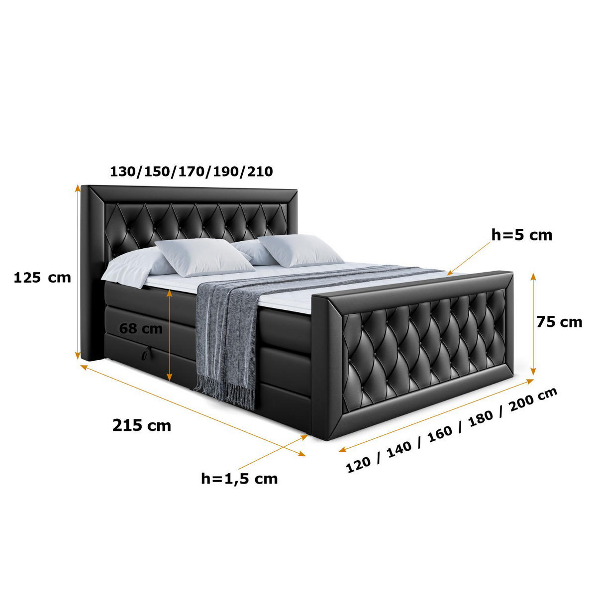 BOXSPRINGBETT NOEL-Z KING - 120 x 200 - H3/H4 - Schwarz Hochglanz - Schwarz Hochglanz, Holzwerkstoff (120/200cm) - ALTDECOR