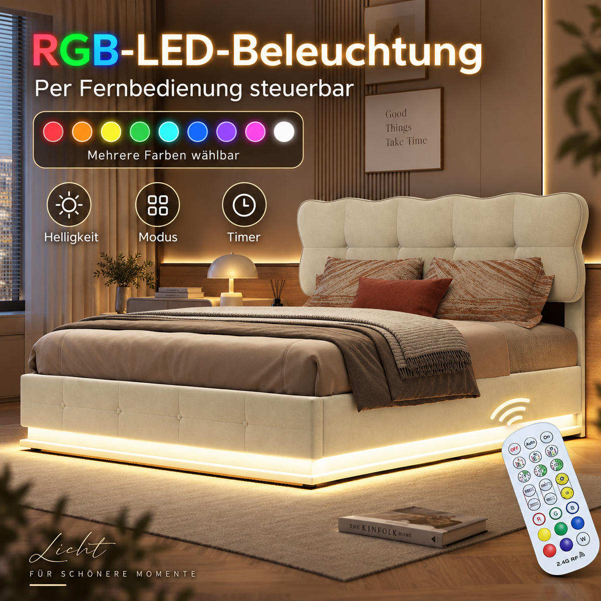 POLSTERBETT 140/190 cm mit LED-Beleuchtung - Beige, Holz/Metall (140/190cm) - Joyfair