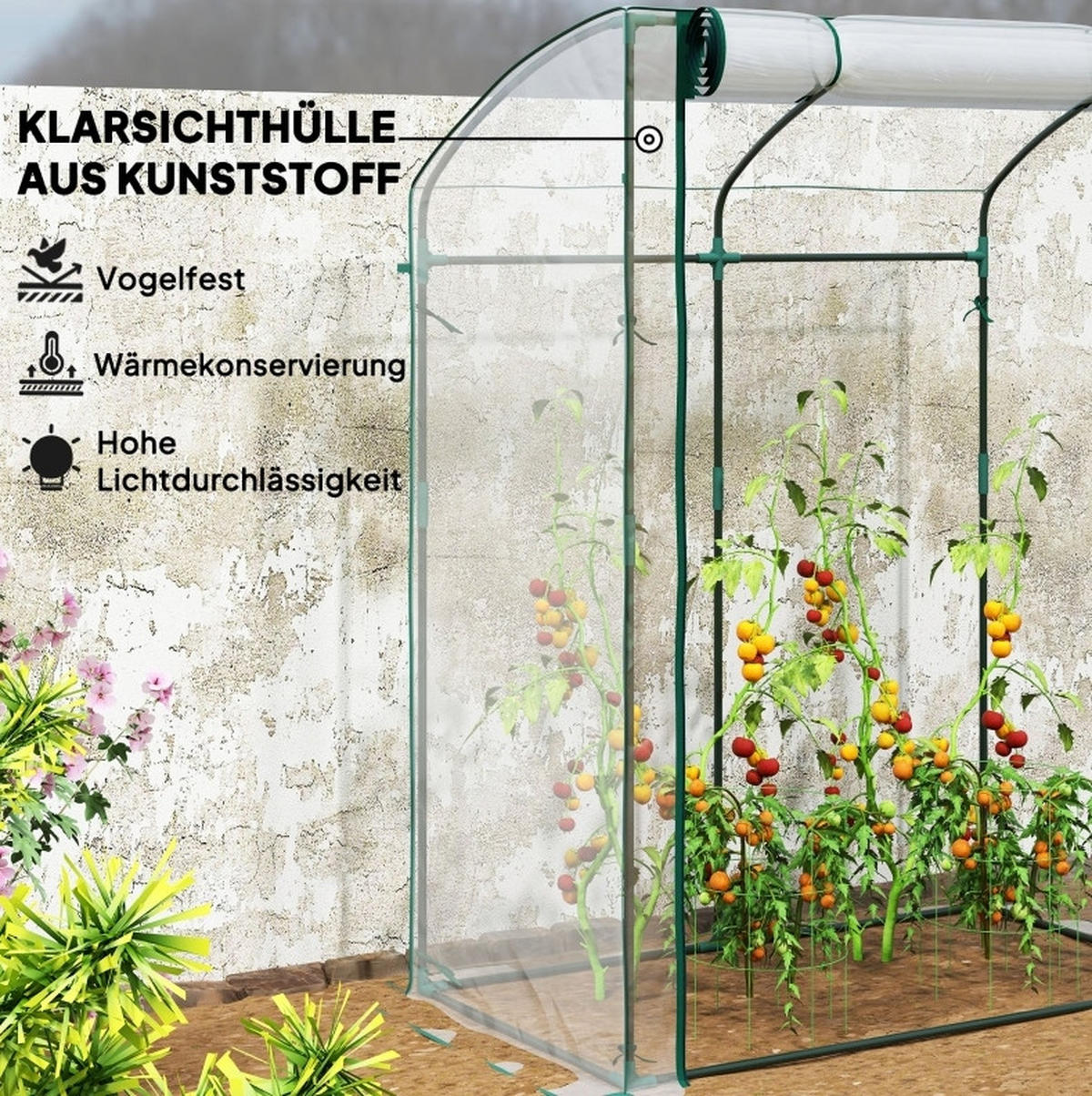GEWÄCHSHAUS 128/70/170 cm in Transparent mit Rolltür und Stahlrahmen - Transparent, Kunststoff (70/170/128cm) - Flora Grace