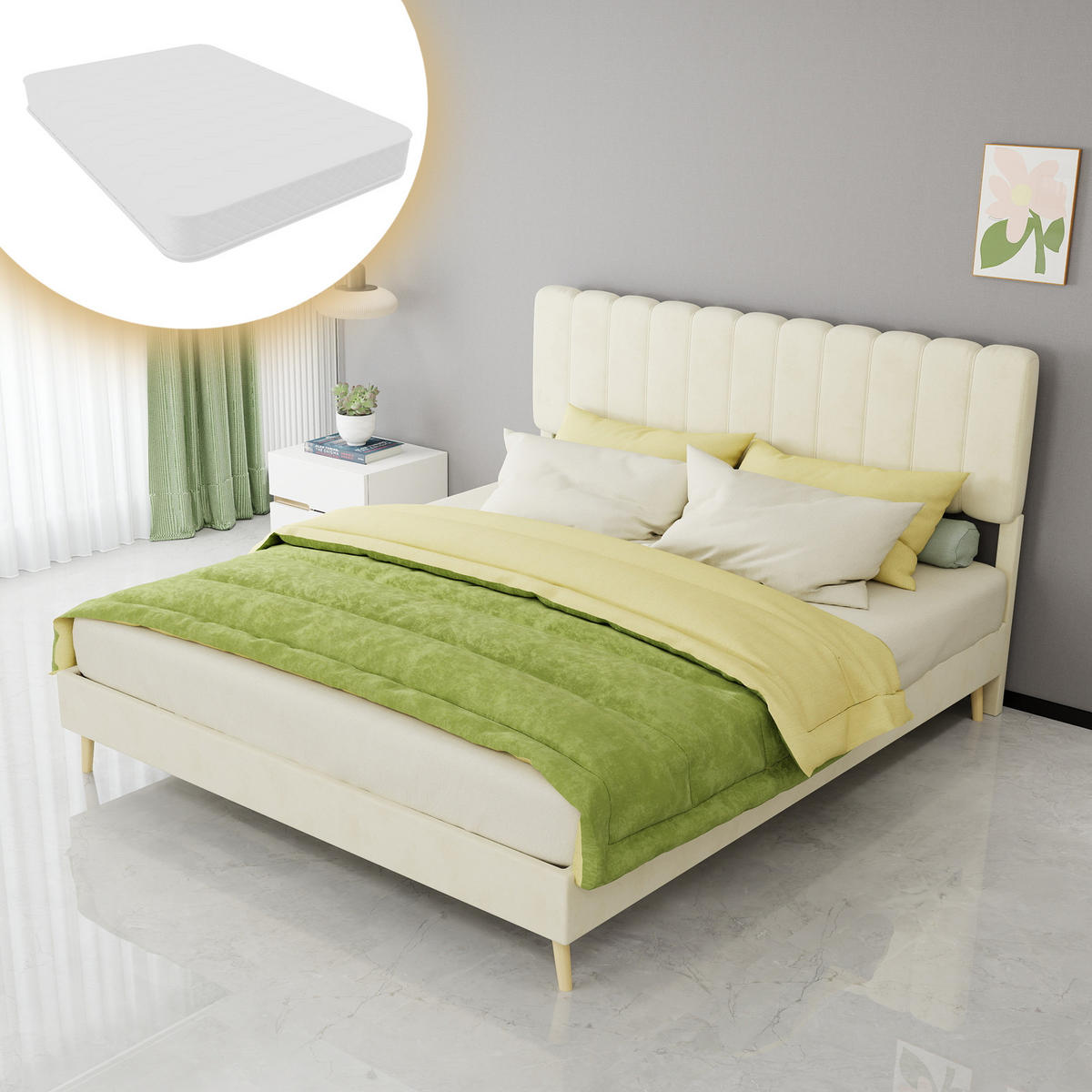 POLSTERBETT 160/200 cm DE-32951 mit hohem Kopfteil und Matratze Beige - Beige, Metall (160/200cm) - ComfortXL
