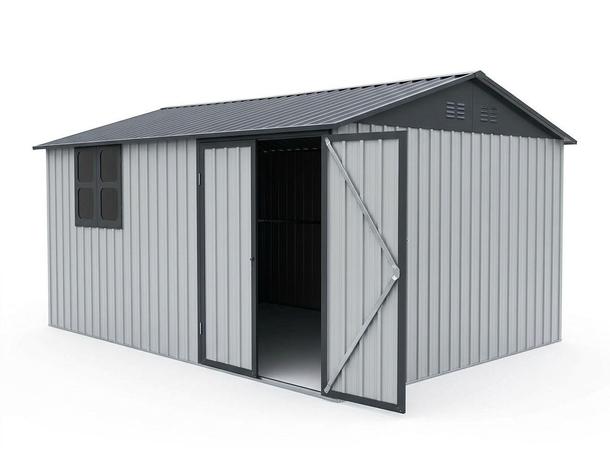 GERÄTEHAUS 374.9/307.8/204.8 cm Weiß mit Tür, Schloss, Fenster, klappbarem Tisch und Regalen (10,34m²) - Weiß, Metall (307.8/204.8/374.93cm) - Oxeza