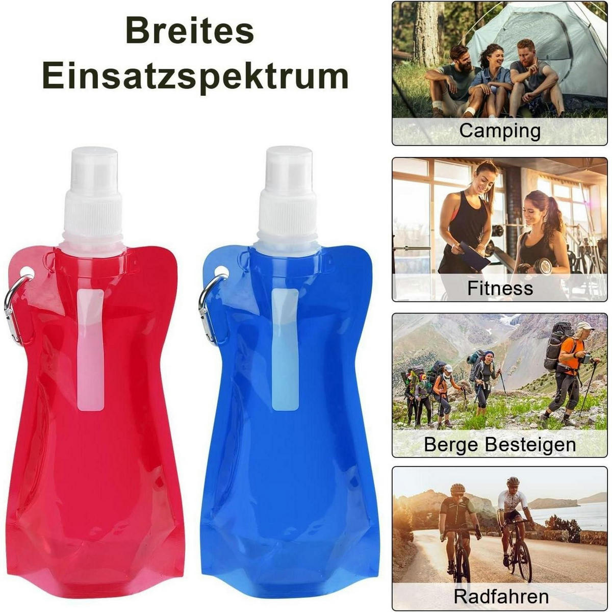 TRINKFLASCHE 2-teiliges Set 500 ml faltbar mit Karabiner Rot+Blau - Multicolor, Kunststoff (1/1cm)
