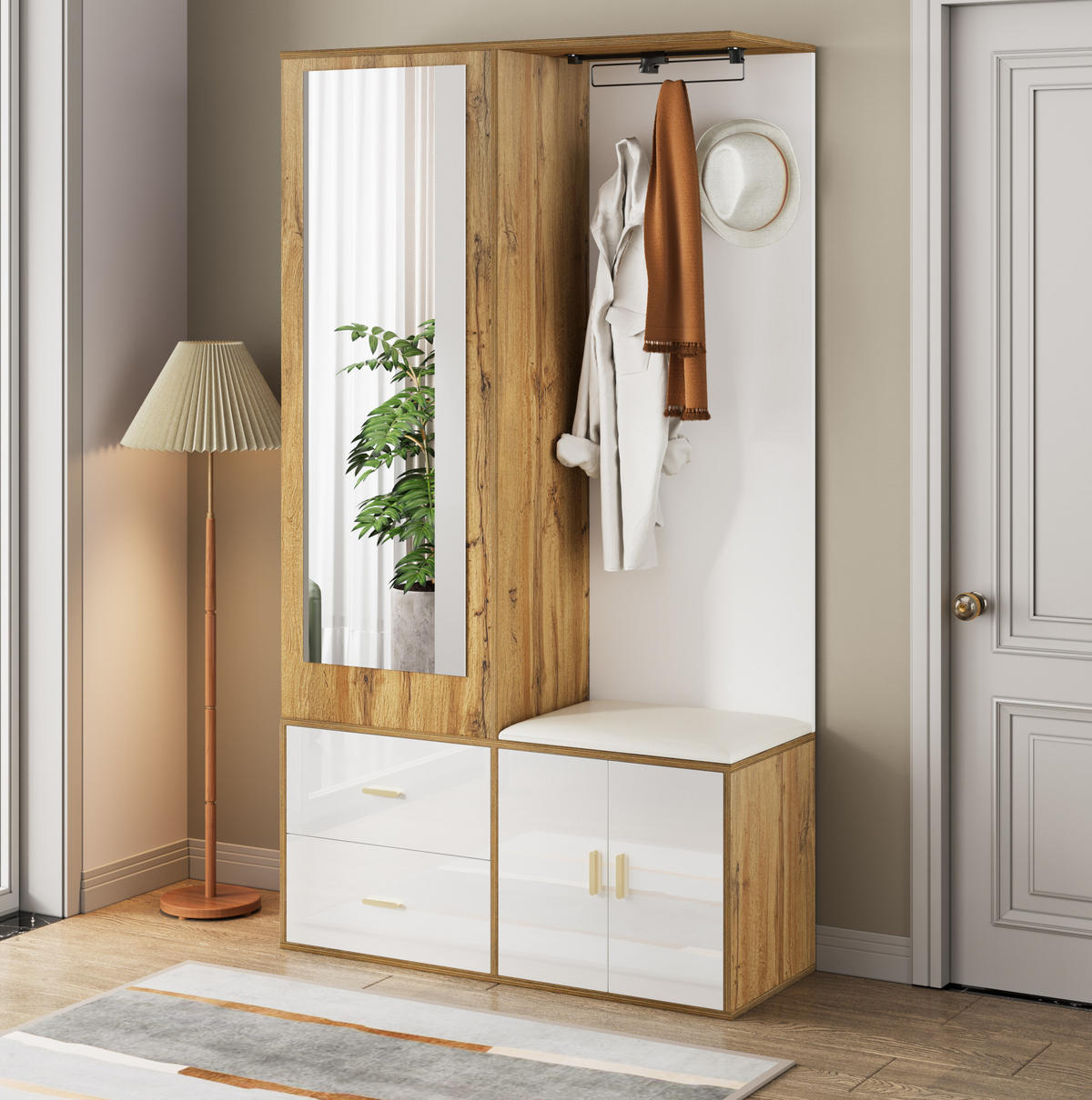 GARDEROBENSET mit Spiegel 100 x 38 x 180 cm Weiß + Natural 2-tlg. - Weiß, Holzwerkstoff (38/180/100cm) - Beauniv