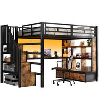 HOCHBETT 140/200 cm in Schwarz mit Schreibtisch, Regalen, 2 Schubladen, Treppe mit Stauraum und LED - Schwarz, Holzwerkstoff/Metall (140/200cm) - STILVORA