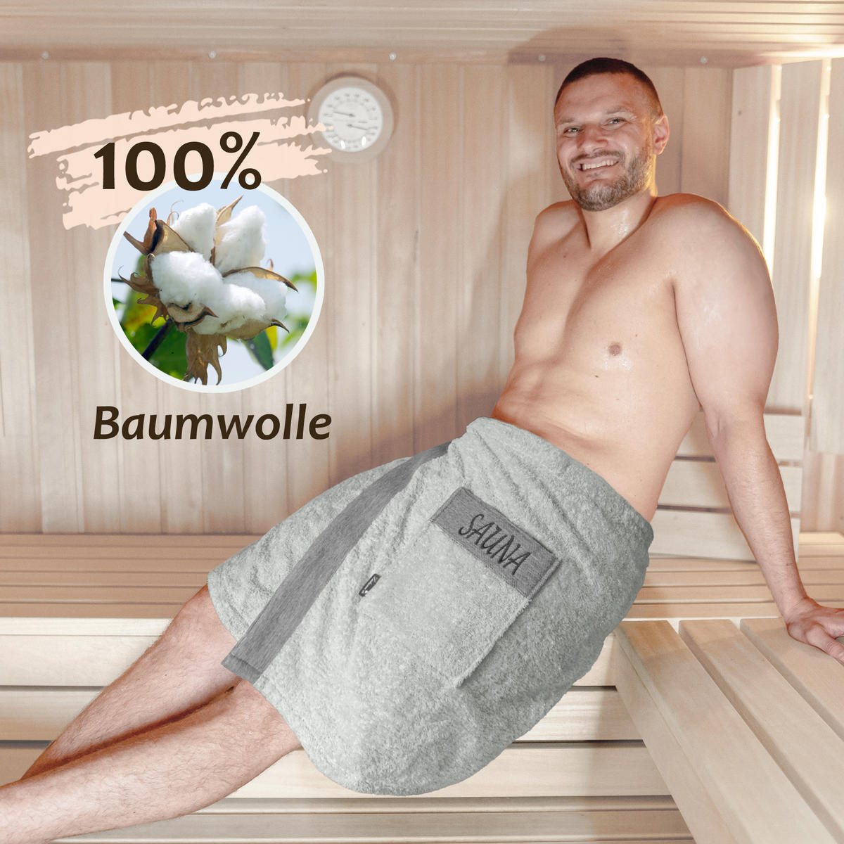 SAUNAKILT Herren Eisgrau, Lima Saunahandtuch mit Klettverschluss - Grau, Textil (140/55cm) - Lashuma