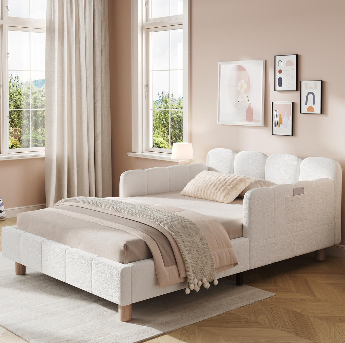 KINDERBETT 140/190 cm beige aus Samt mit Kopfteil und Seitenteilen - Beige, Textil (140/190cm) - OKWISH