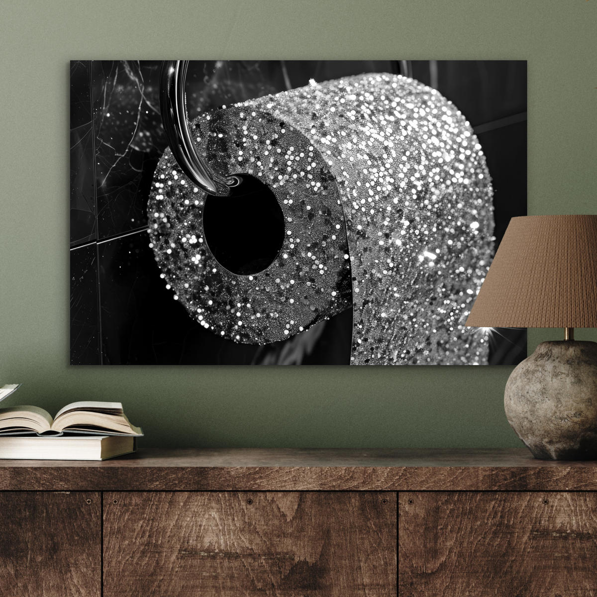 METALLBILD WC - Toilettenpapier - Schwarz und weiß - Glitter 60x40 cm - Silberfarben, Metall (60/40cm) - MuchoWow