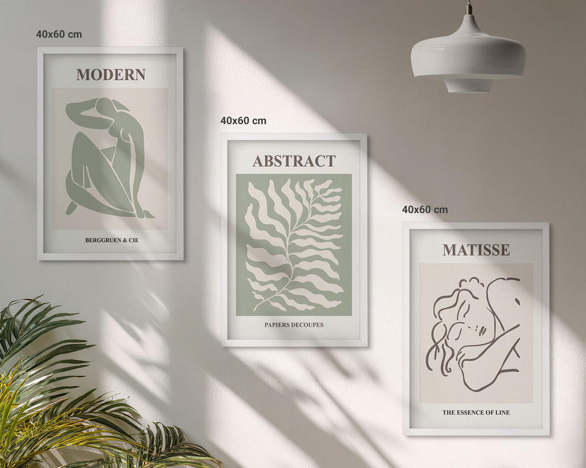 WANDBILDER 3er-Set - 40x60 cm Weißer Rahmen - Stilvolle grüne Gemälde mit Figuren - Weiß, Kunststoff (40/60cm) - ArtPrintCave