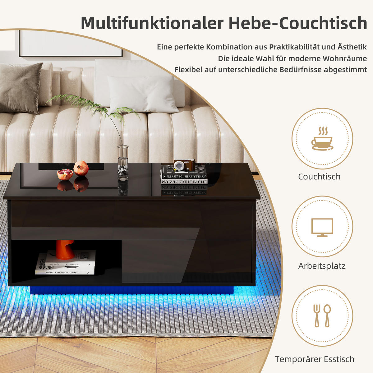 COUCHTISCH höhenverstellbar 100/50cm schwarz mit LED-Beleuchtung und Stauraum - Schwarz, Holzwerkstoff (100/50/70.5cm) - OKWISH