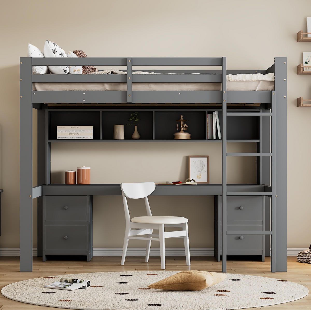 HOCHBETT 90/200 cm Grau aus Kiefernholz und MDF mit Schreibtisch und Stauraum - Grau, Holz (90/200cm) - OKMYHOME