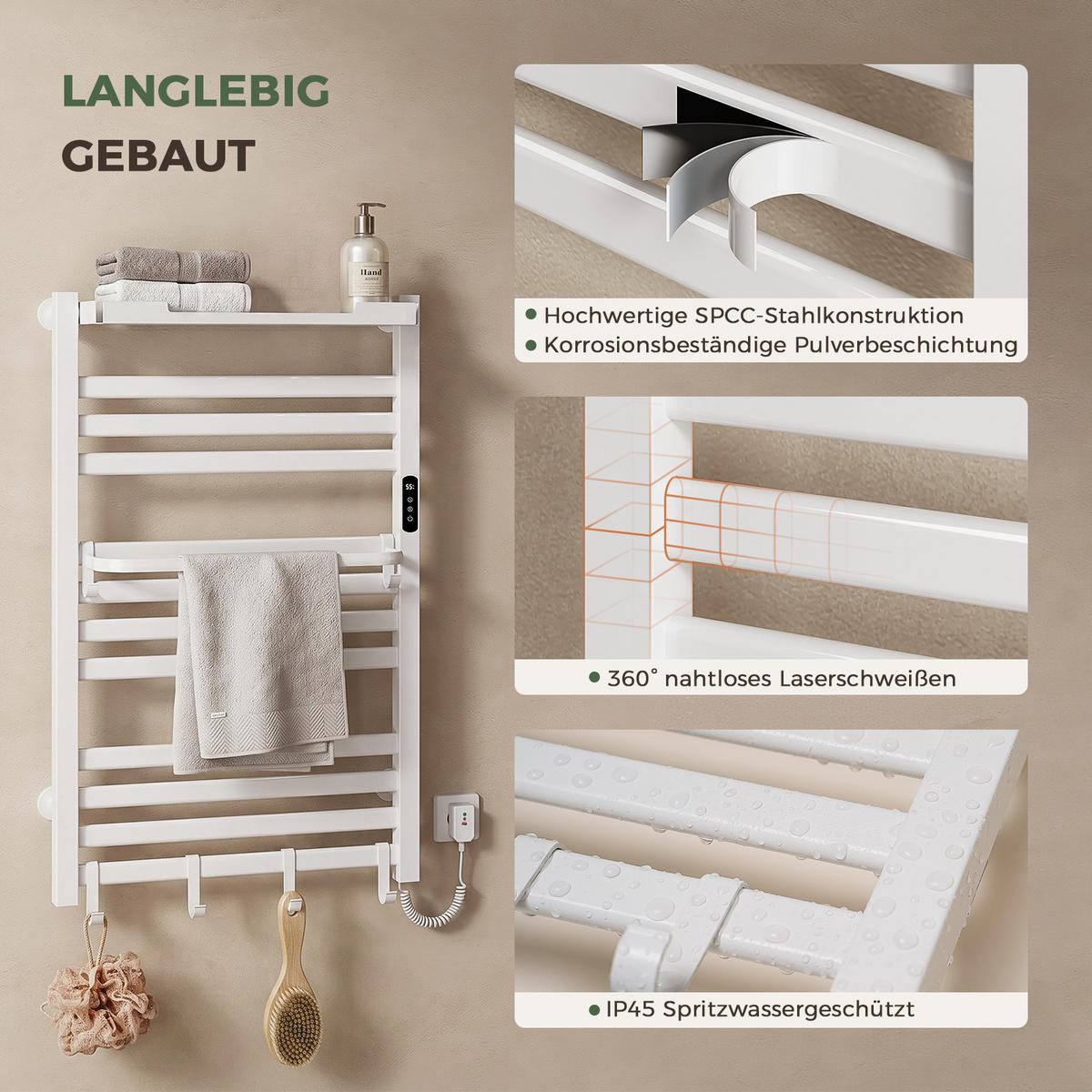 HANDTUCHHEIZKÖRPER 45/60 cm Weiß elektrisch 155 W mit WLAN, Ablage und 6 Haken - Weiß, Metall (60/45/20cm) - S'AFIELINA