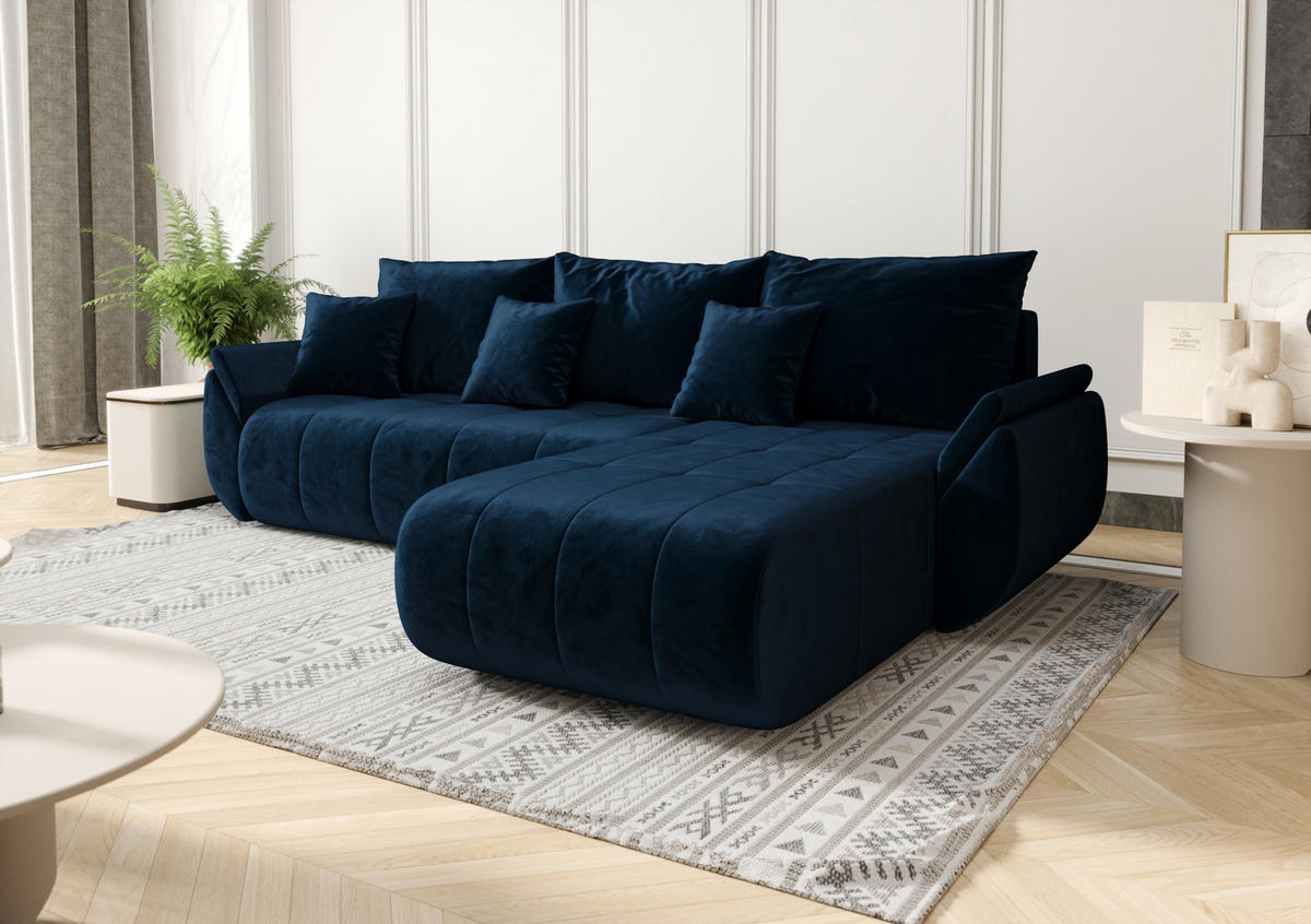 ECKSOFA Mit Schlaffunktion Und Bettkasten TOKYO, Stoff MONOLITH, Dunkelblau, Rechts - Dunkelblau, Holz (280/190cm) - Kaiser Möbel