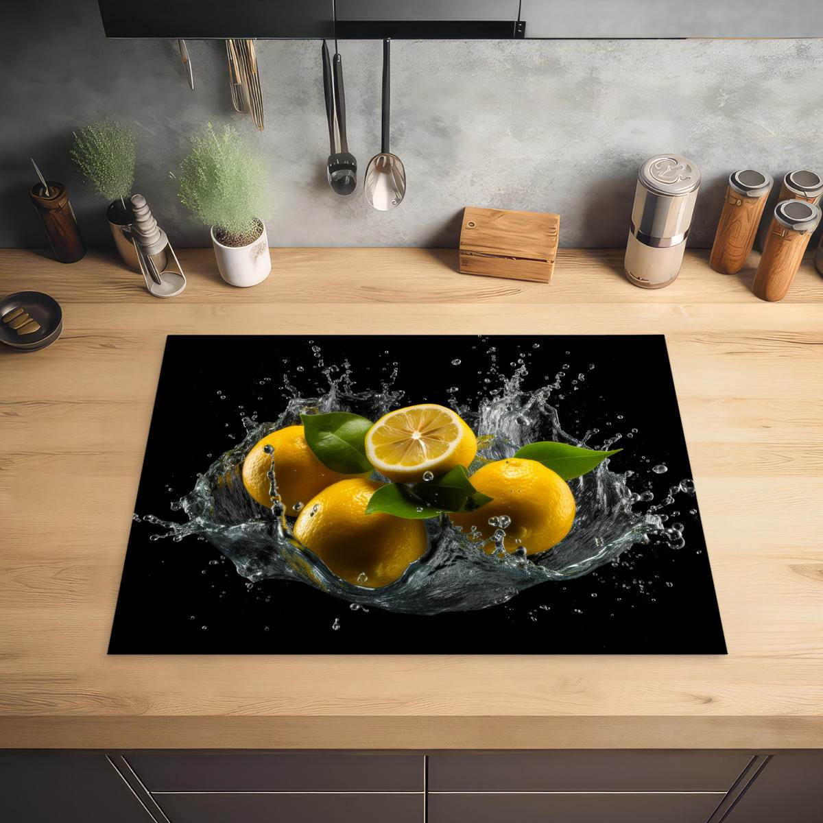 HERABDECKPLATTE - Zitrone - Obst - Gelb - Schwarz - 71x52 - Gelb, Kunststoff (71/52.5/0.2cm) - MuchoWow