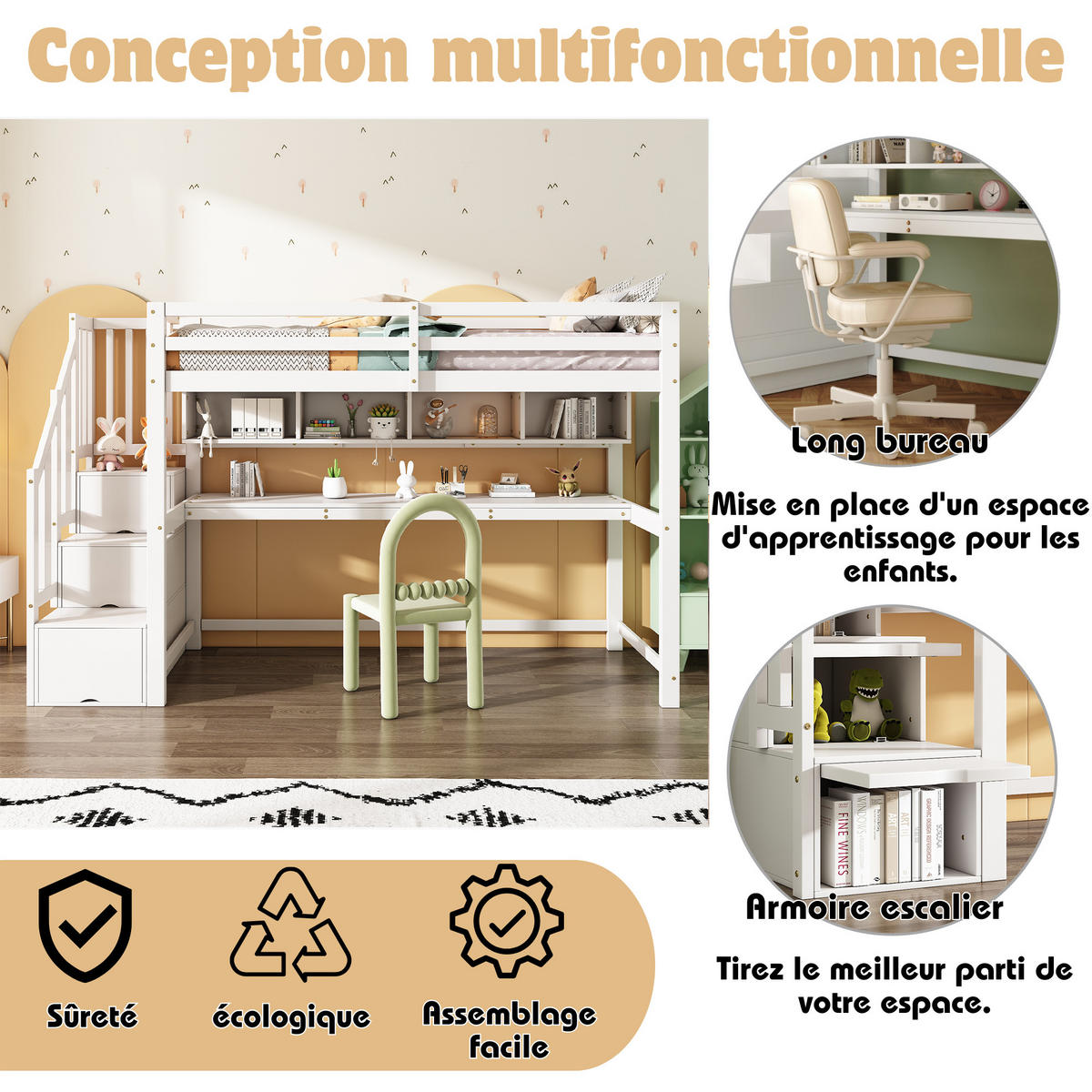 KINDERHOCHBETT 90x200cm Weiß Stauraumtreppe Schreibtisch Regale - Weiß, Holzwerkstoff (90/200cm) - FLIEKS