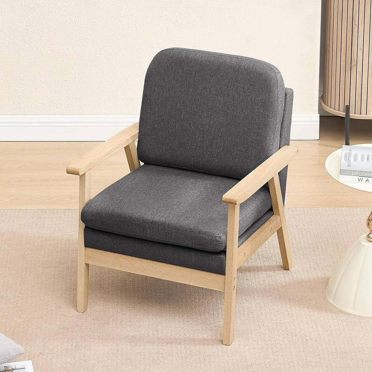 SESSEL Einzelsofa, aus Leinen Massivholz, Dunkelgrau - Eukalyptusholzfarben/Dunkelgrau, Holz/Textil (64/81.5/66.5cm) - Woltu