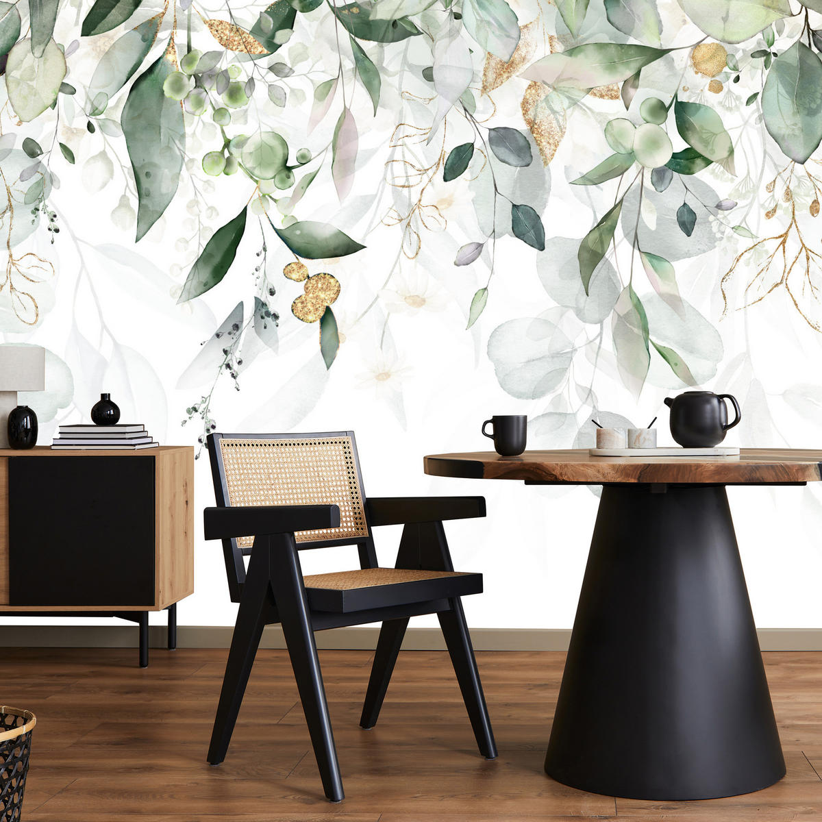 FOTOTAPETE Aquarell Blätter Pflanzen Natur 100x70 - Gelb/Beige, Papier (100/70cm) - Muralo