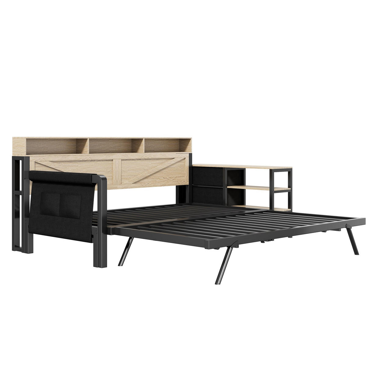 TAGESBETT 90/200 cm mit Ausziehbett, Stauraum, LED und USB, Metall/MDF, Schwarz - Schwarz, Holzwerkstoff (90/200cm) - Redom