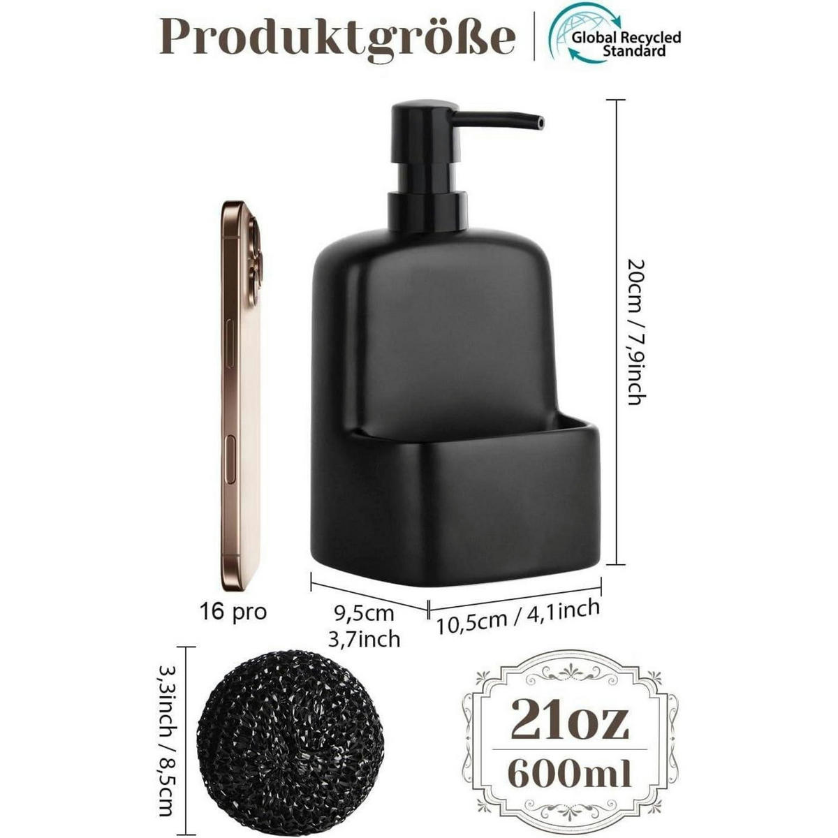 SEIFENSPENDER mit Schwammhalter Keramik Matt Schwarz 600ml - Schwarz, Keramik (10.5/20/9.5cm)