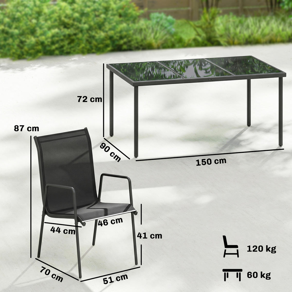 GARTENMÖBELSET 6-teilig,Tisch+stapelbare Textilene-Stühle,schwarz - Schwarz, Metall - Vallsero