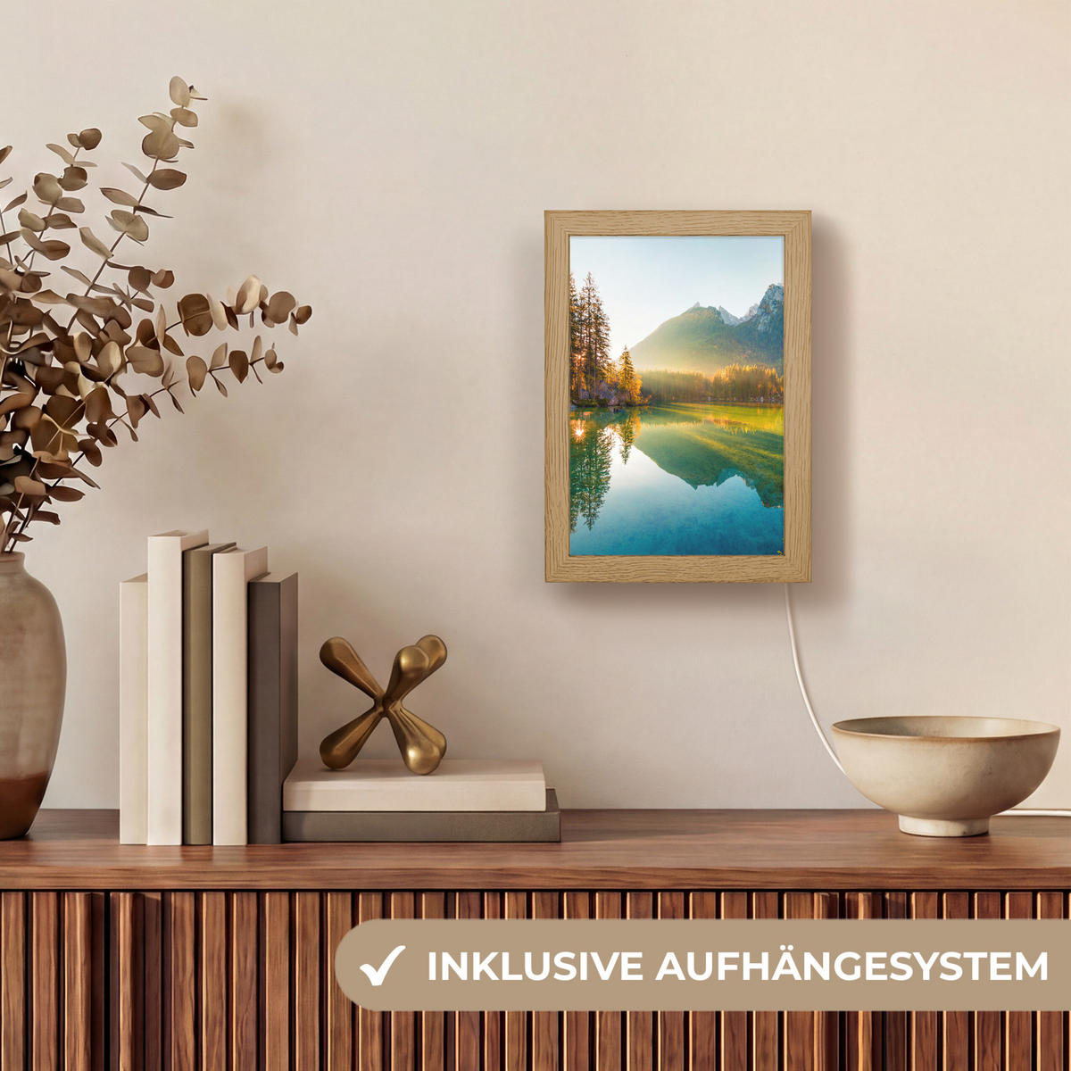 WANDLEUCHTE See - Wald - Berge - Natur - Sonne - Landschaft 15x20 cm - Grün, Holzwerkstoff (15/20/8cm) - OnlyWow