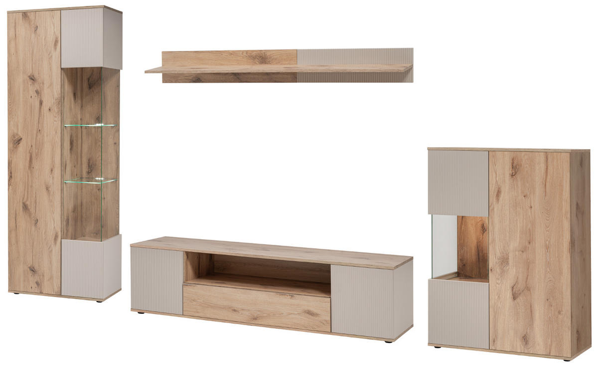 WOHNWAND Eiche, Kaschmir 4-teilig 350 cm, Schrankwand inklusive Beleuchtung - Kaschmir/Eichefarben, Glas/Holzwerkstoff (350/197/45cm) - Inn.Furn