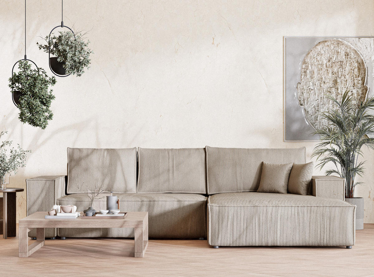 ECKSOFA MIT SCHLAFFUNKTION Maze Dunkelbeige Samtstoff - Beige/Schwarz, Holz/Holzwerkstoff (294/185cm) - Maison de Reve