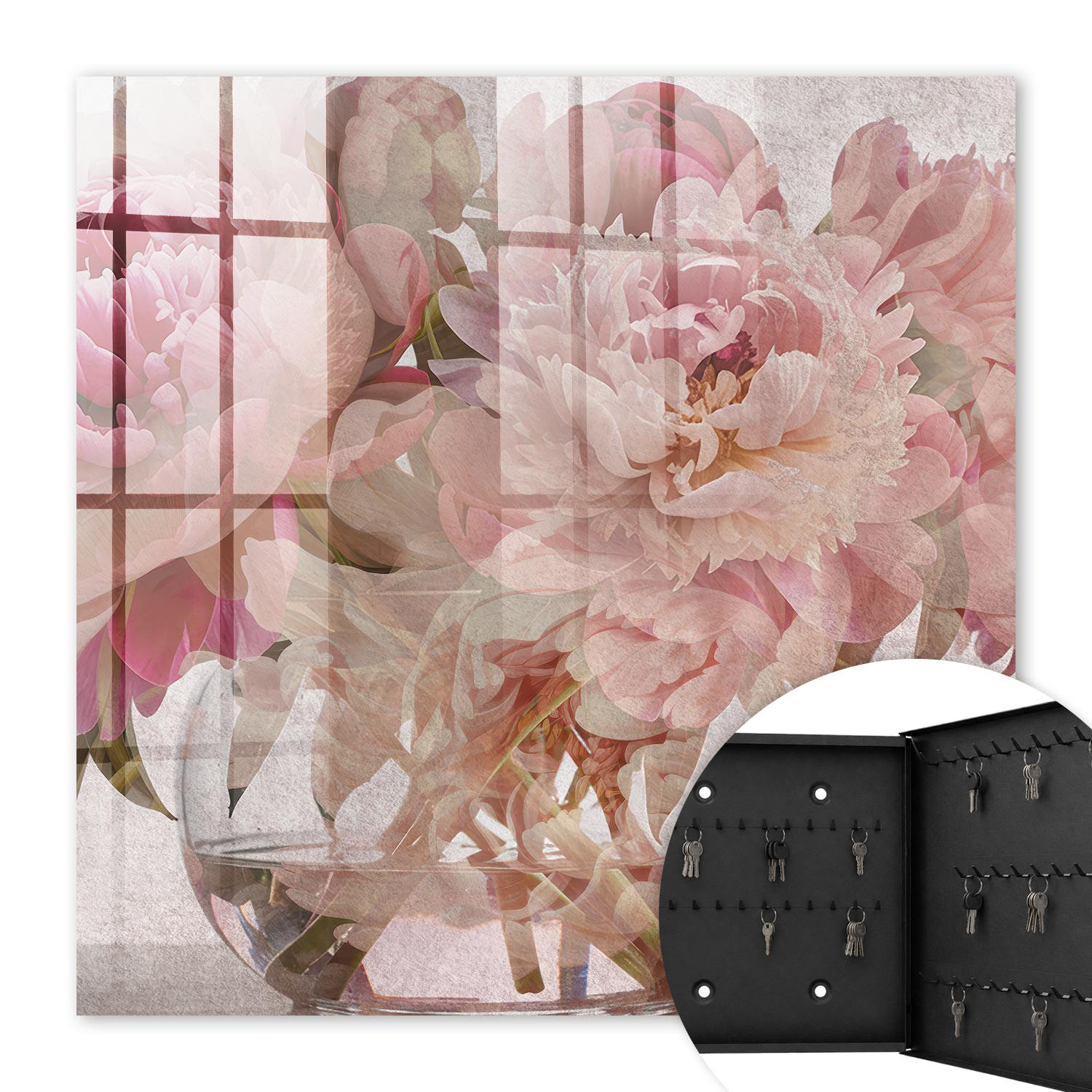 SCHLÜSSELBOX Schwarz 30x30 cm- Türöffnung nach rechts - Romantische Blumen - Pink, Metall (30/30/5cm) - TULUP