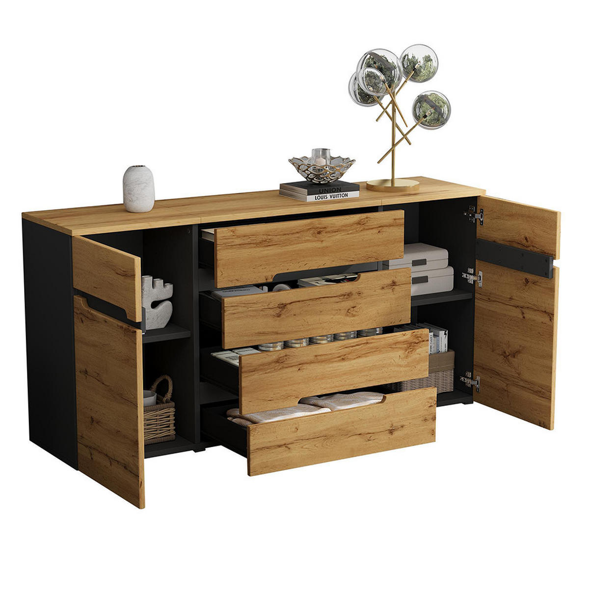 KOMMODE 160 x 40 x 80 cm mit 4 Schubladen, Holzfarbe + Schwarz - Naturfarben, Holzwerkstoff (40/80/160cm) - KOMHTOM