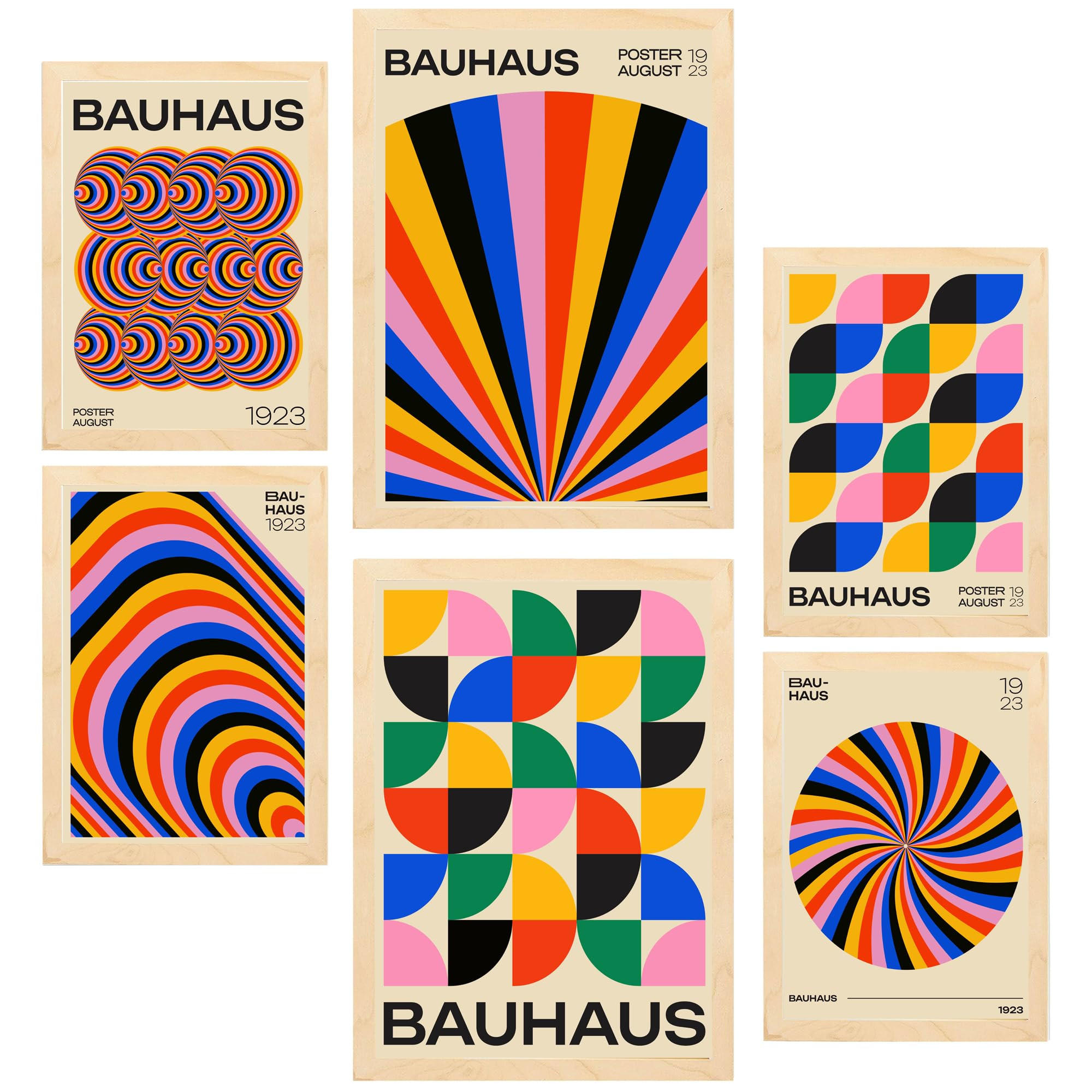 POSTER Set Mit 6 Geometrische Bauhaus Farben & Formen A3 & A4 Rahmen Aus Hellem Holz - Beige, Papier (29/3cm) - Nacnic