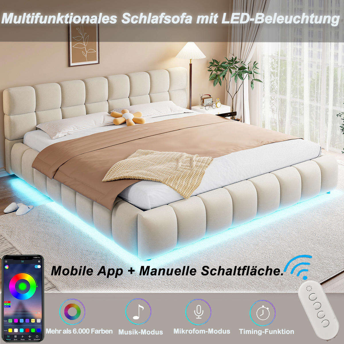 POLSTERBETT 180/200 cm aus Samtstoff mit LED-Beleuchtung und hydraulischem Stauraum Beige - Beige, Textil (180/200cm) - Modenvie