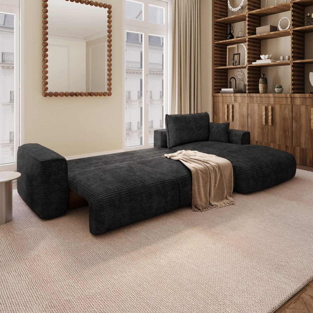 ECKSOFA rechtwinklig COMO Cord Schwarz 297cm - Schwarz, Textil (297/167cm) - Premium Interiors