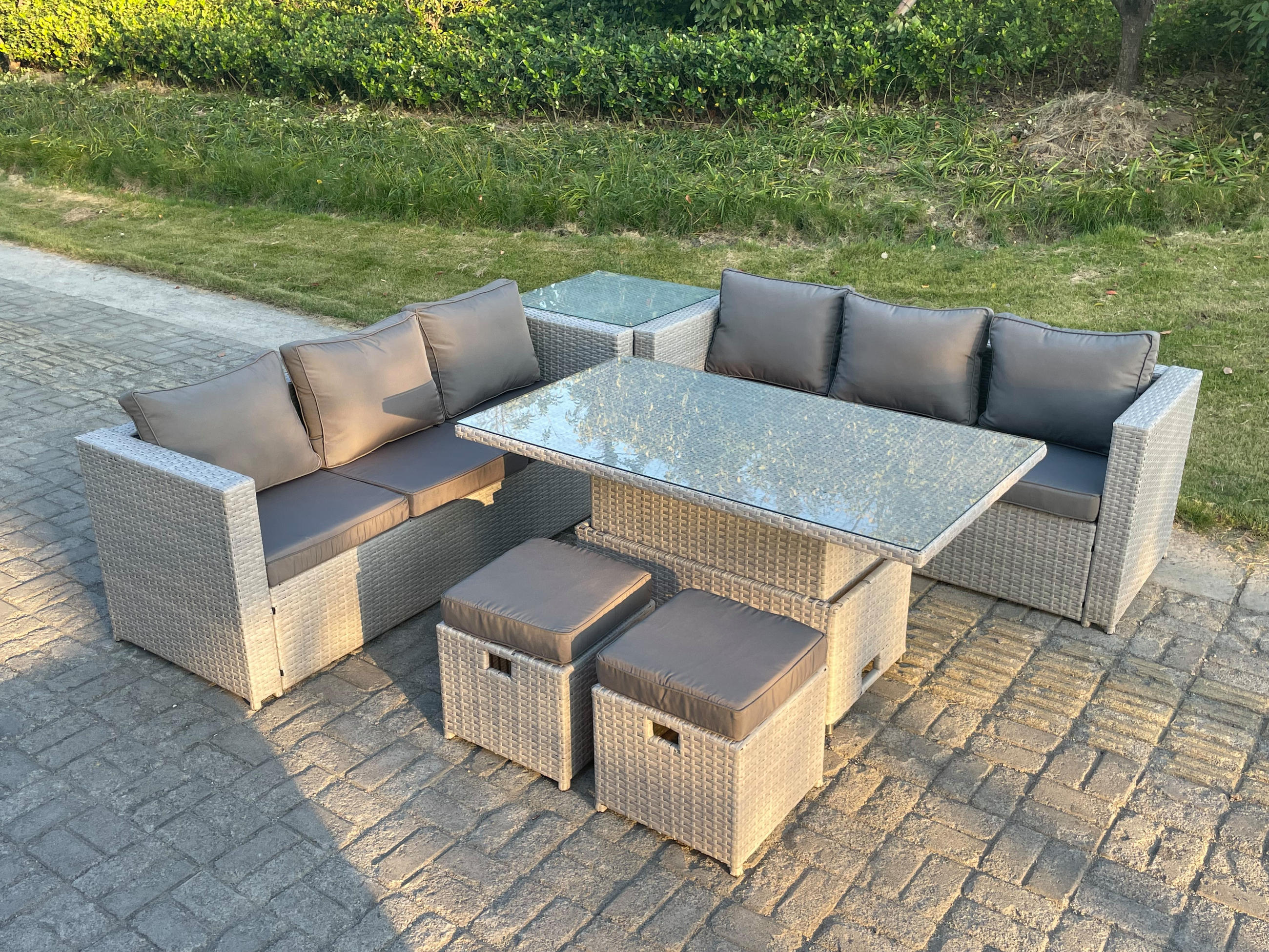 GARTENSOFA SET mit höhenverstellbarer Tisch Polyrattan Helles Grau 8-Sitzer - Hellgrau, Metall - Fimous