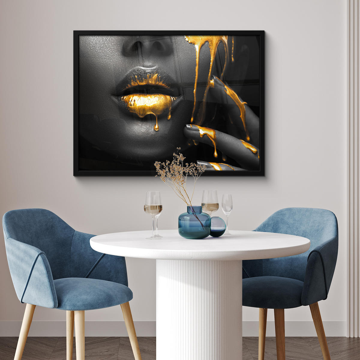 ZARÁMOVANÝ PLAGÁT Žena - čierna - zlatá - tvár - pery 80x60 cm - zlatá, papier (80/60cm) - MuchoWow