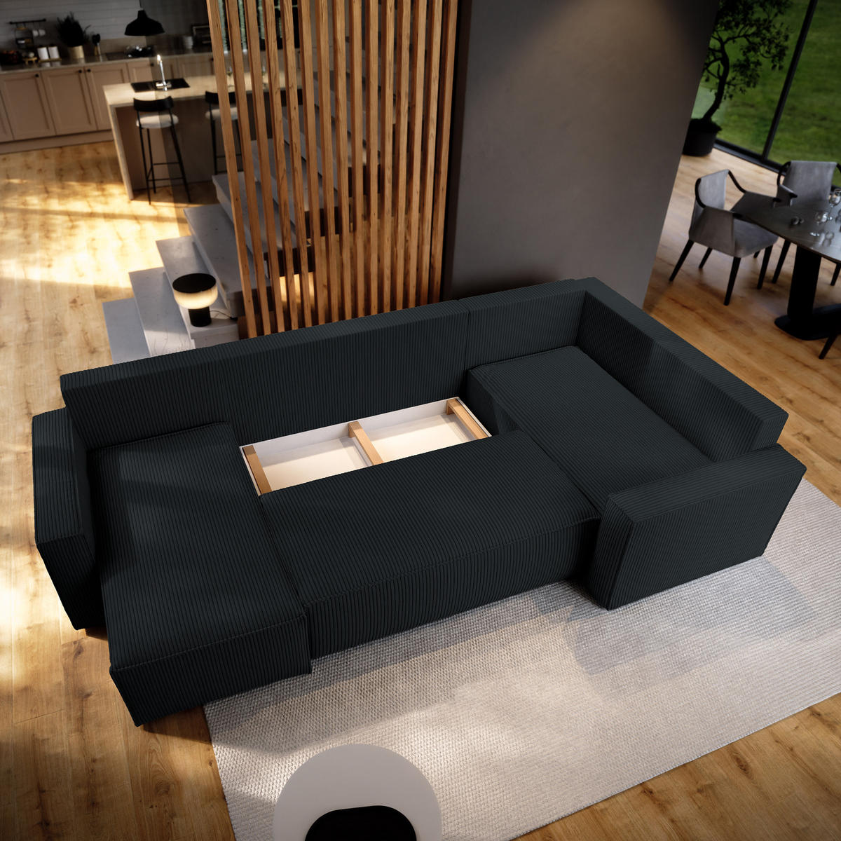 WOHNLANDSCHAFT NORENA R-S Schwarz Kordstoff mit Schlaffunktion - Schwarz, Holz (295/85/157.5cm) - MASSENO