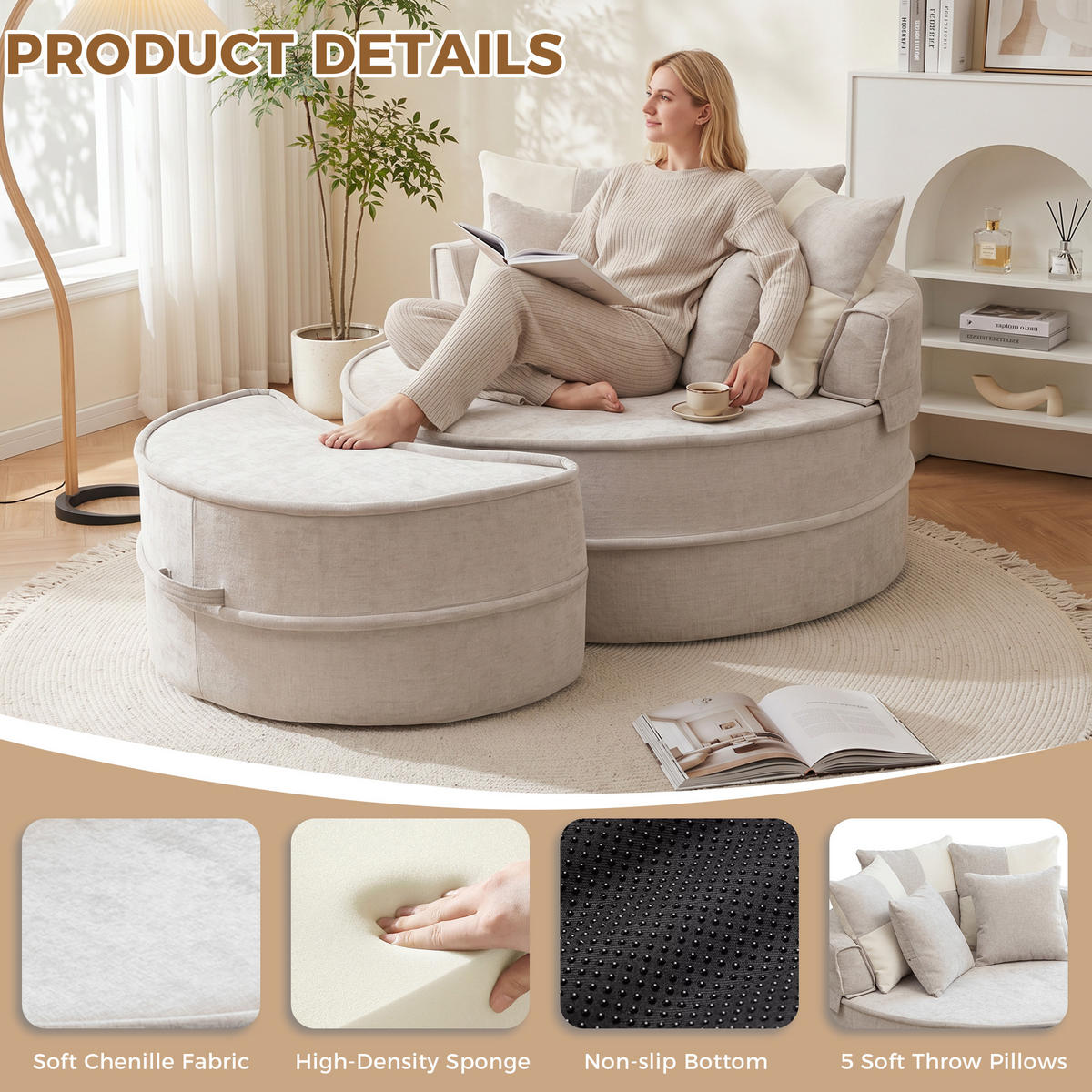 XXL-SESSEL DE-35026 mit Hocker und 5 Kissen Grau - Grau, Textil (121/66/163cm) - ComfortXL