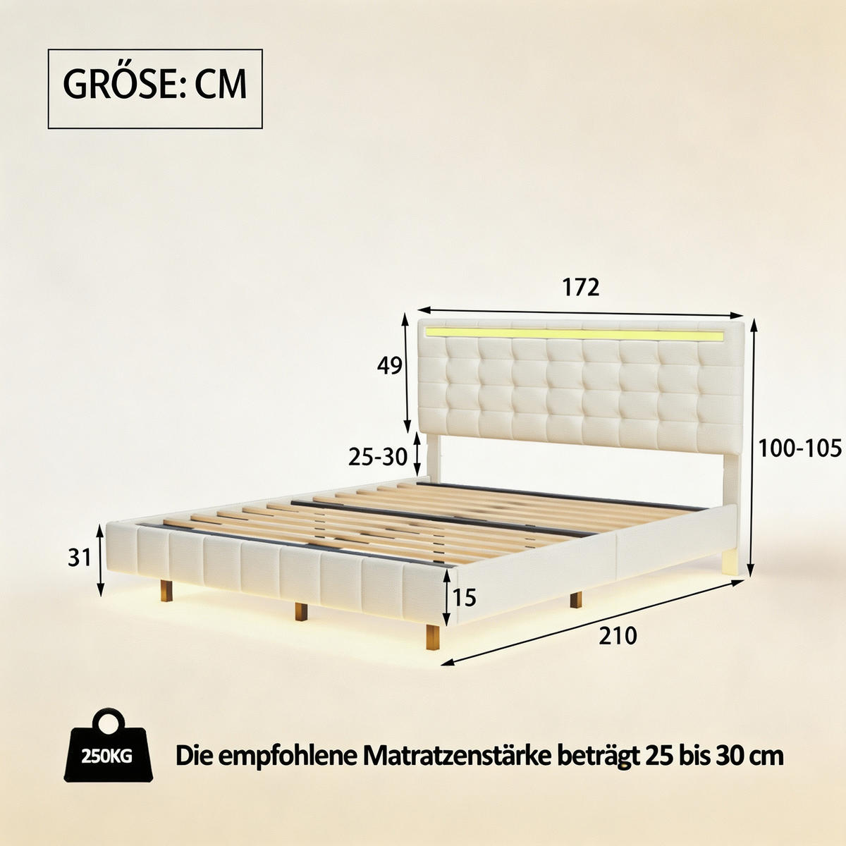 BETT 160x200 cm mit LED und USB, Doppelbett 160x200 cm mit Lattenrost, schwebendes Design, Leinenbezug Beige - Beige, Holz/Textil (160/200cm) - GENKI LIVING