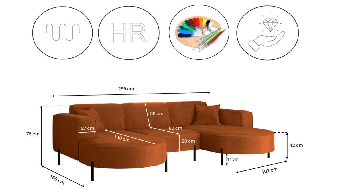ECKSOFA U-Form Designer Modena Rein Stoff Noel Orange - Orange, Holz (165/299cm) - Kaiser Möbel