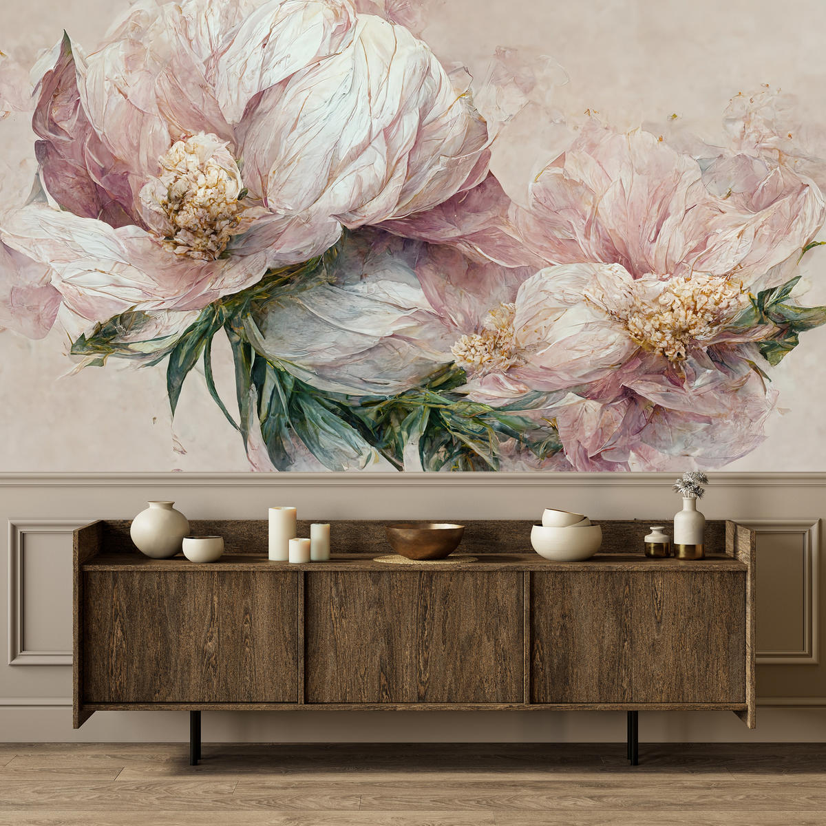 FOTOTAPETE für Wohnzimmer Vintage Rosa Blumen Blätter Natur 400x280 - Beige/Creme, Papier (400/280cm) - Muralo
