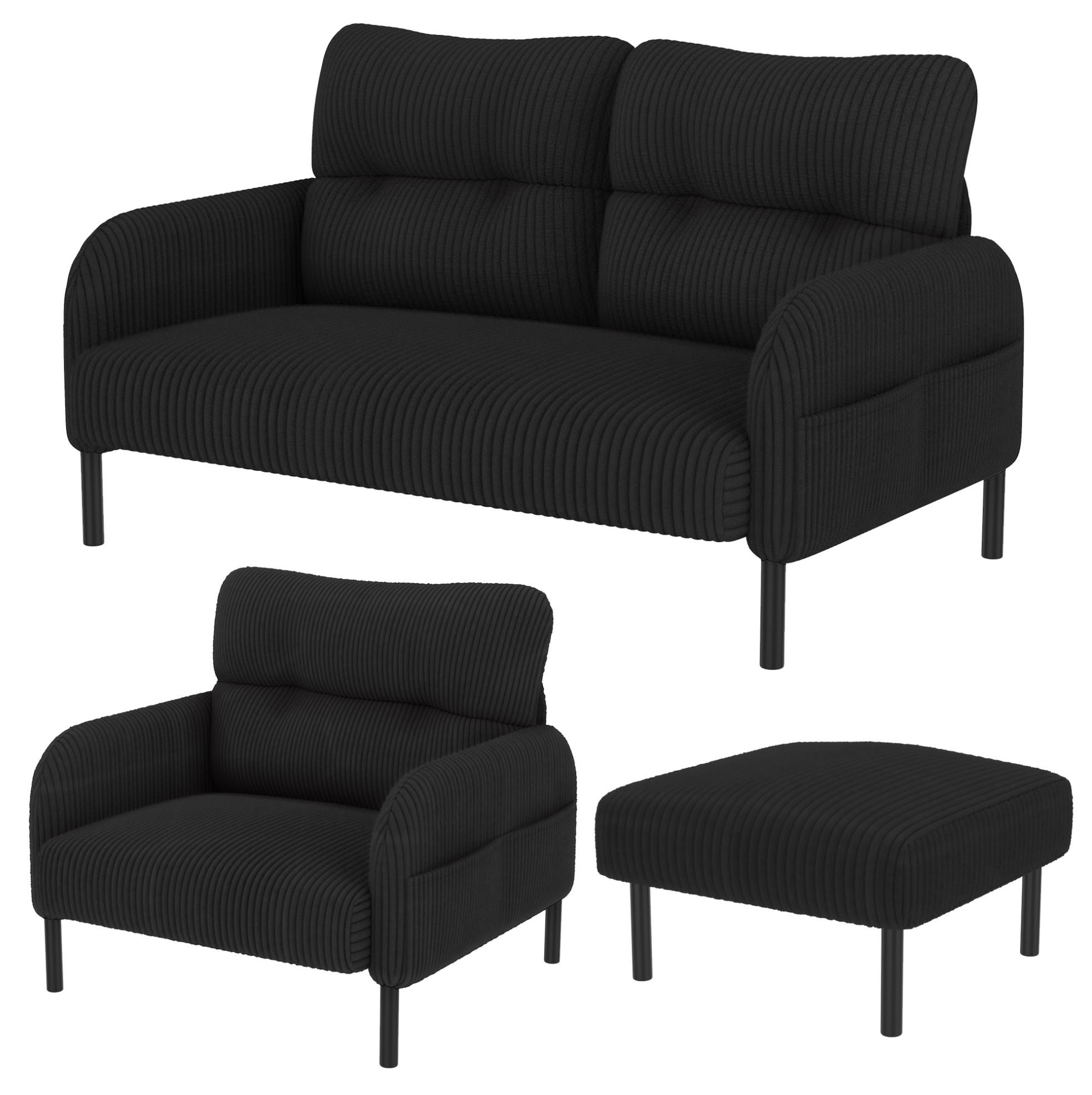 SOFA-SET 3-tlg. Cord Schwarz mit Sessel, Hocker und 2-Sitzer - Schwarz, Kunststoff (75/79/120cm) - Meubliv