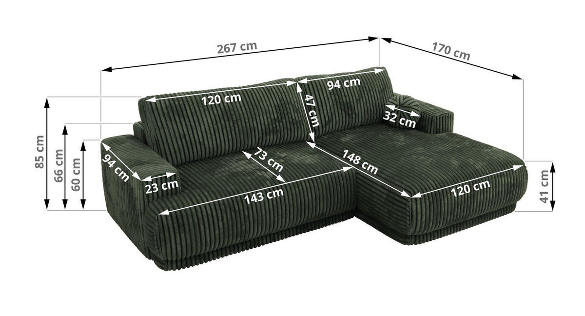 ECKSCHLAFSOFA RINA L Dunkelgrün Cord - links - Dunkelgrün/Schwarz, Kunststoff/Textil (267/170cm) - MKS