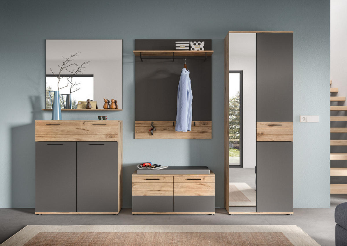 GARDEROBEN-SET Eiche, grau 5-teilig 280 cm mit Soft-Close - Eichefarben/Schwarz, Glas/Holzwerkstoff (195/200/37cm) - Inn.Furn
