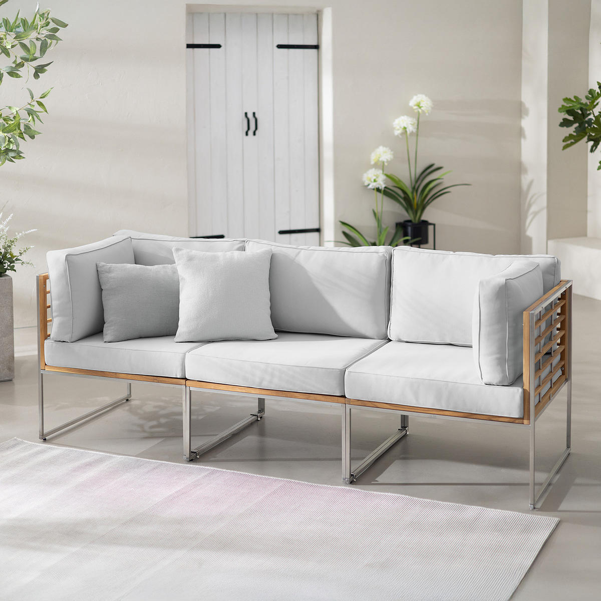 LOUNGESOFA - 3-teilig - Webstoff / Teak massiv - Hellgrau, Holz/Textil (210/74/70cm) - home24