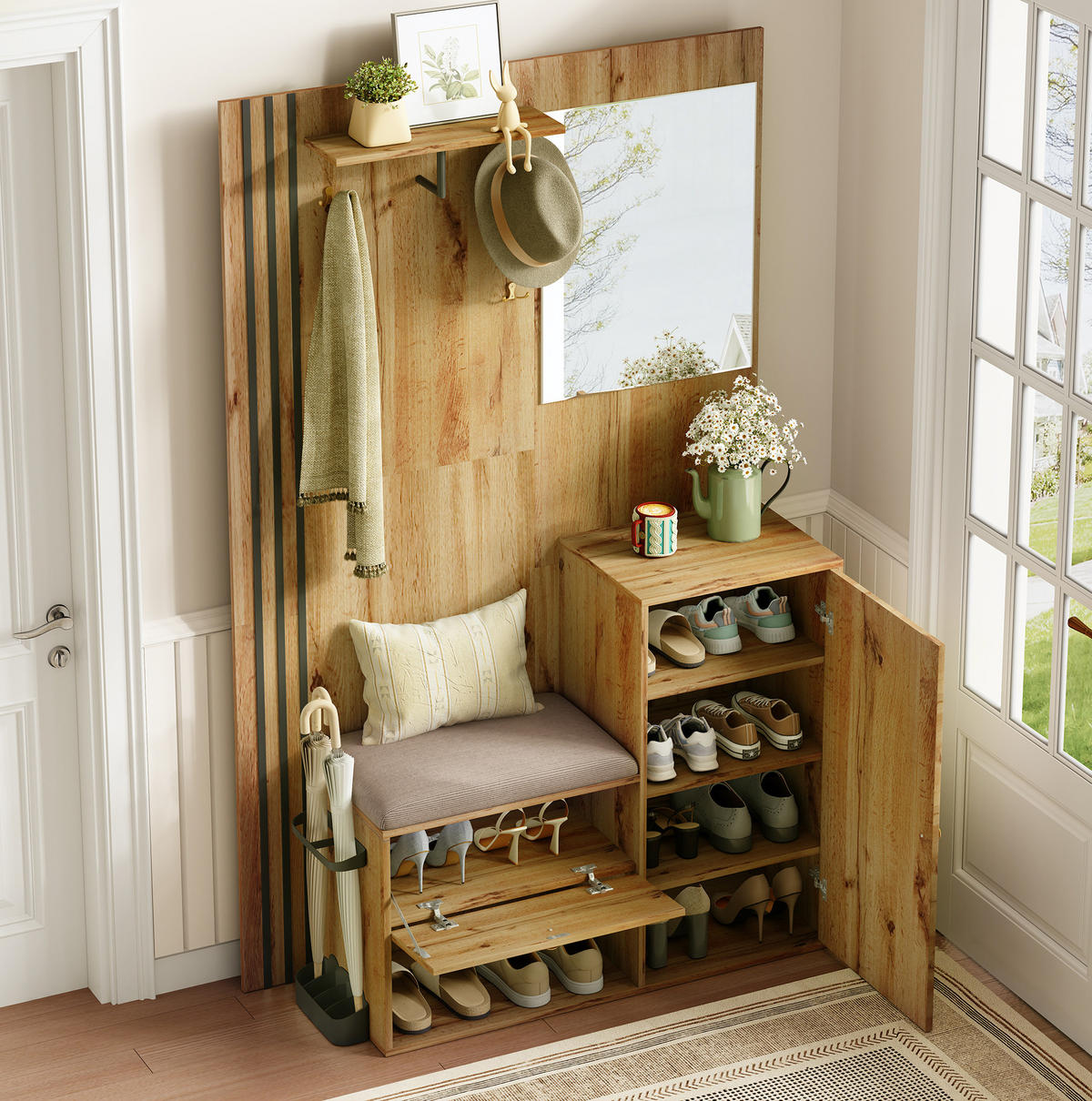 FLURGARDEROBE 115/37/185 cm mit Spiegel, Sitzkissen, Soft-Close und Schirmablage, Natur - Naturfarben, Holzwerkstoff (37/185/115cm) - Redom