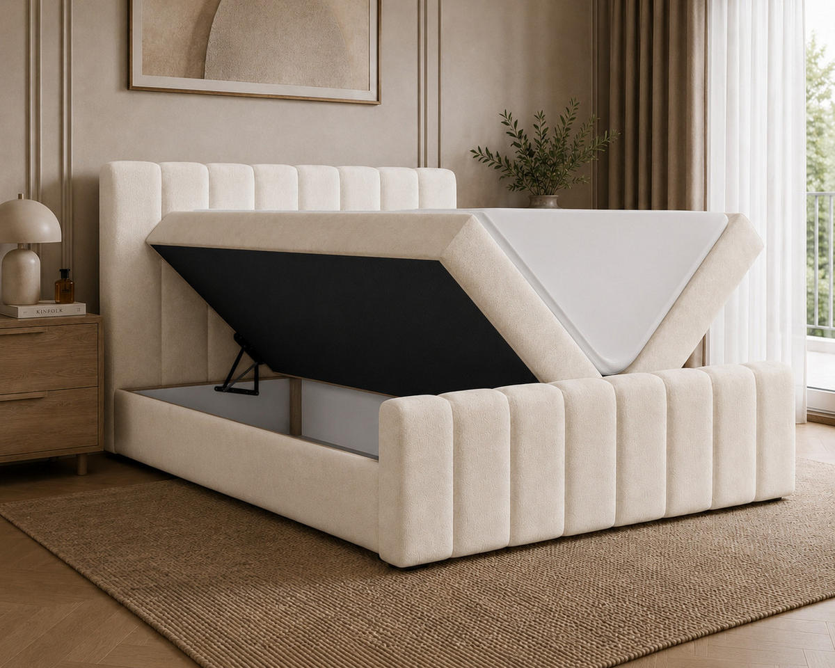BOXBETT 01 BIS 160 x 200 cm - Vibe - Modernes Polsterbett mit Bettkasten inkl. PU-Schaum-Topper und Federmechanismus - Creme, Holz (160/200cm) - ROYAL24_MARKT