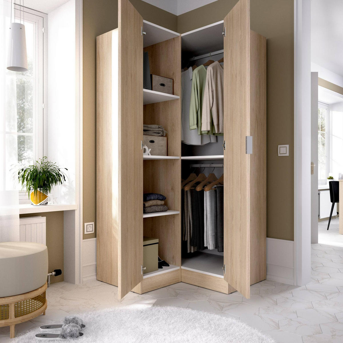 ECKKLEIDERSCHRANK Holz-Effekt Eiche 92.5x90.5h184 - Braun, Holzwerkstoff (90.5/184/92.5cm) - DMORA
