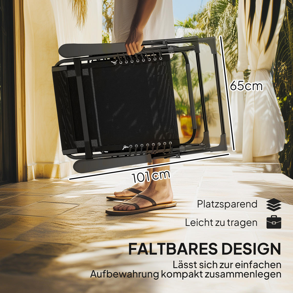 SONNENLIEGE klappbar Gartenliege mit Kopfkissen, Liegestuhl Campingliege Schwarz - Schwarz, Metall (65/112/90cm) - Outsunny