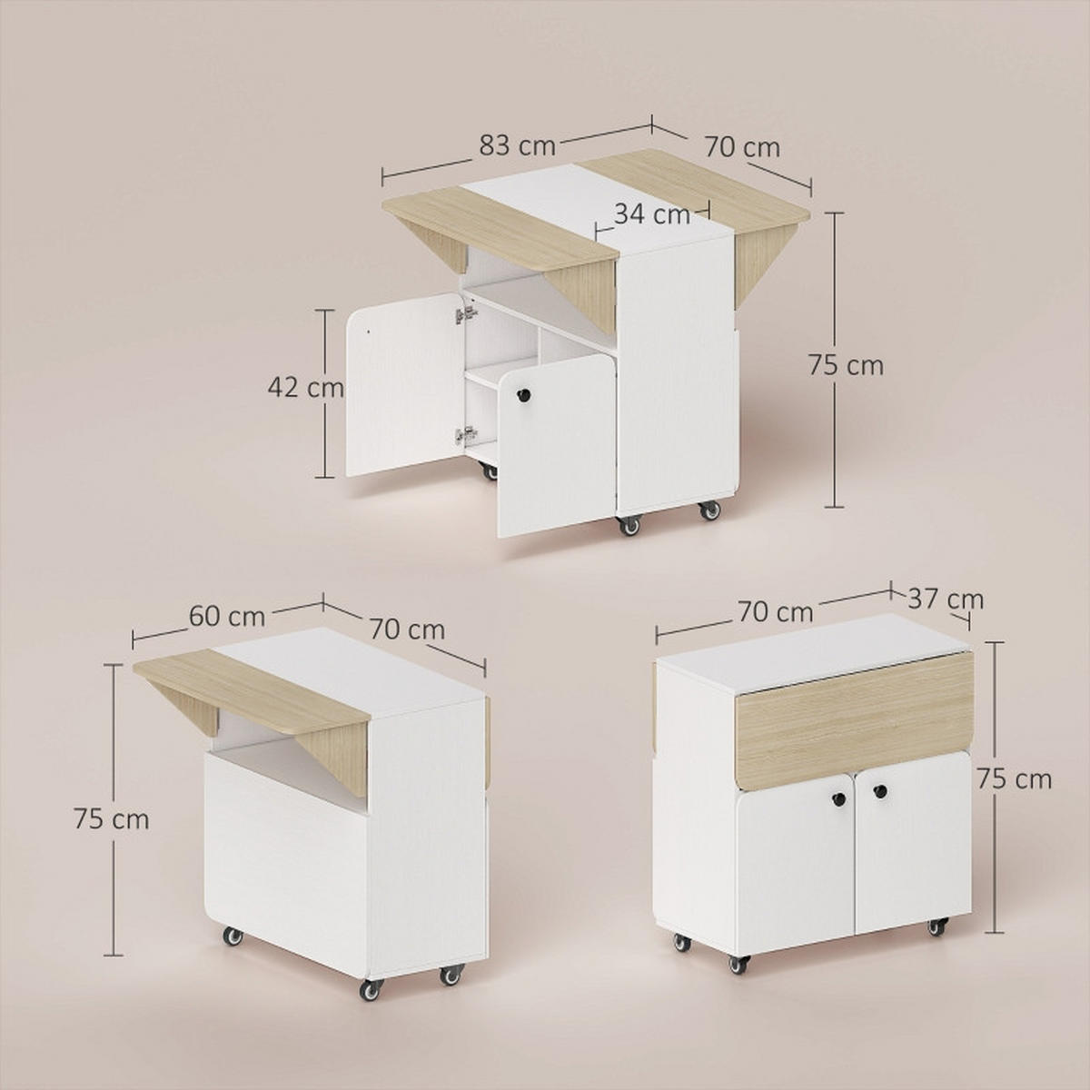 KLAPPTISCH 83/70/75 cm, seitlich ausklappbar, mit Rollen und Stauraum - Weiß, Holz (70/83/75cm) - BEAOK