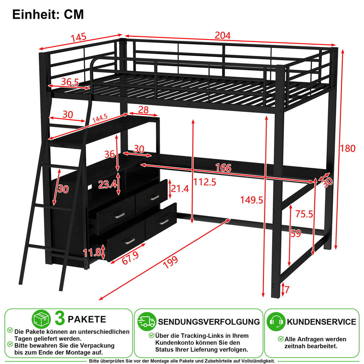 VYVÝŠENÁ POSTEL 140/200 cm v černé barvě s psacím stolem a zásuvkami - černá, kov (140/200cm) - CHICFURN